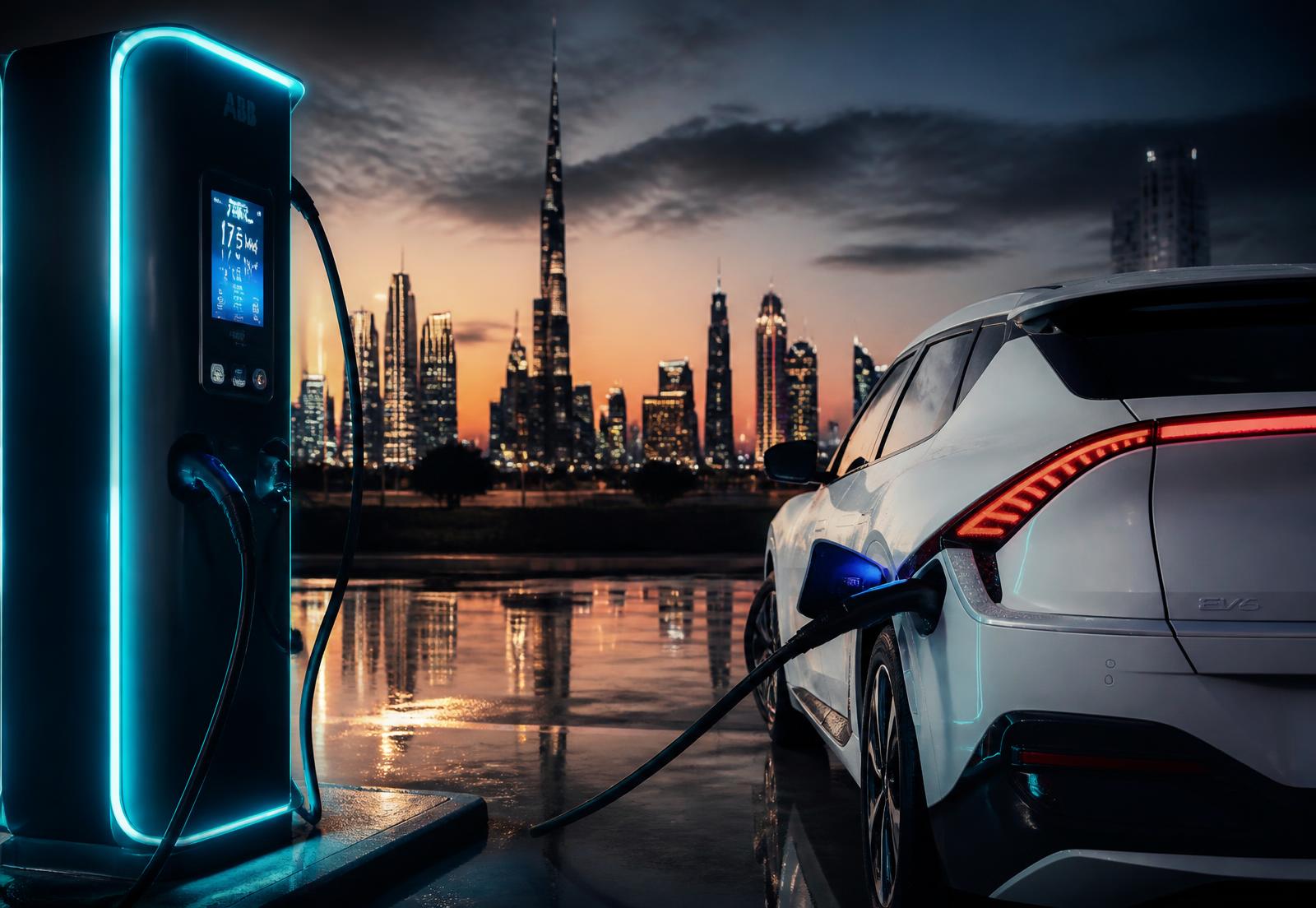 Electric car charging at a ChargeLink fast charger with a Middle East city skyline at dusk